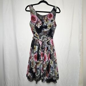 Betsey Johnson Floral Chiffon Midi Dress With Lace Trim Size 12 Style FC04W09M